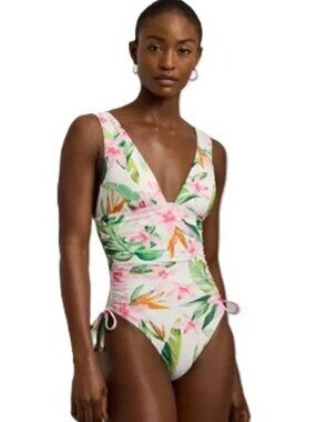 NWT Lauren Ralph Lauren Floral Shirred V-Neck One-Piece Swimsuit Size 12